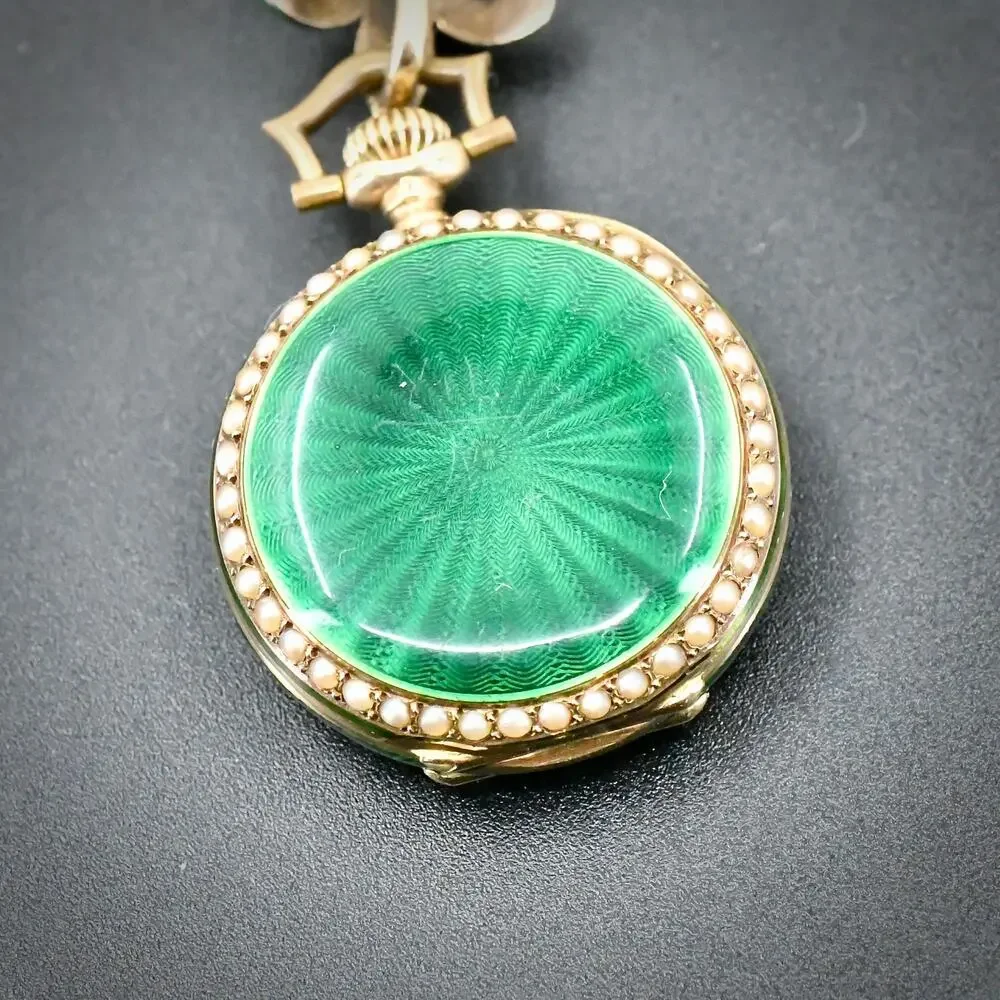 Antique 14K Gold Swiss Enamel Pendant Pocket Watch Pearl Fleur-de-Lis Pin Repair